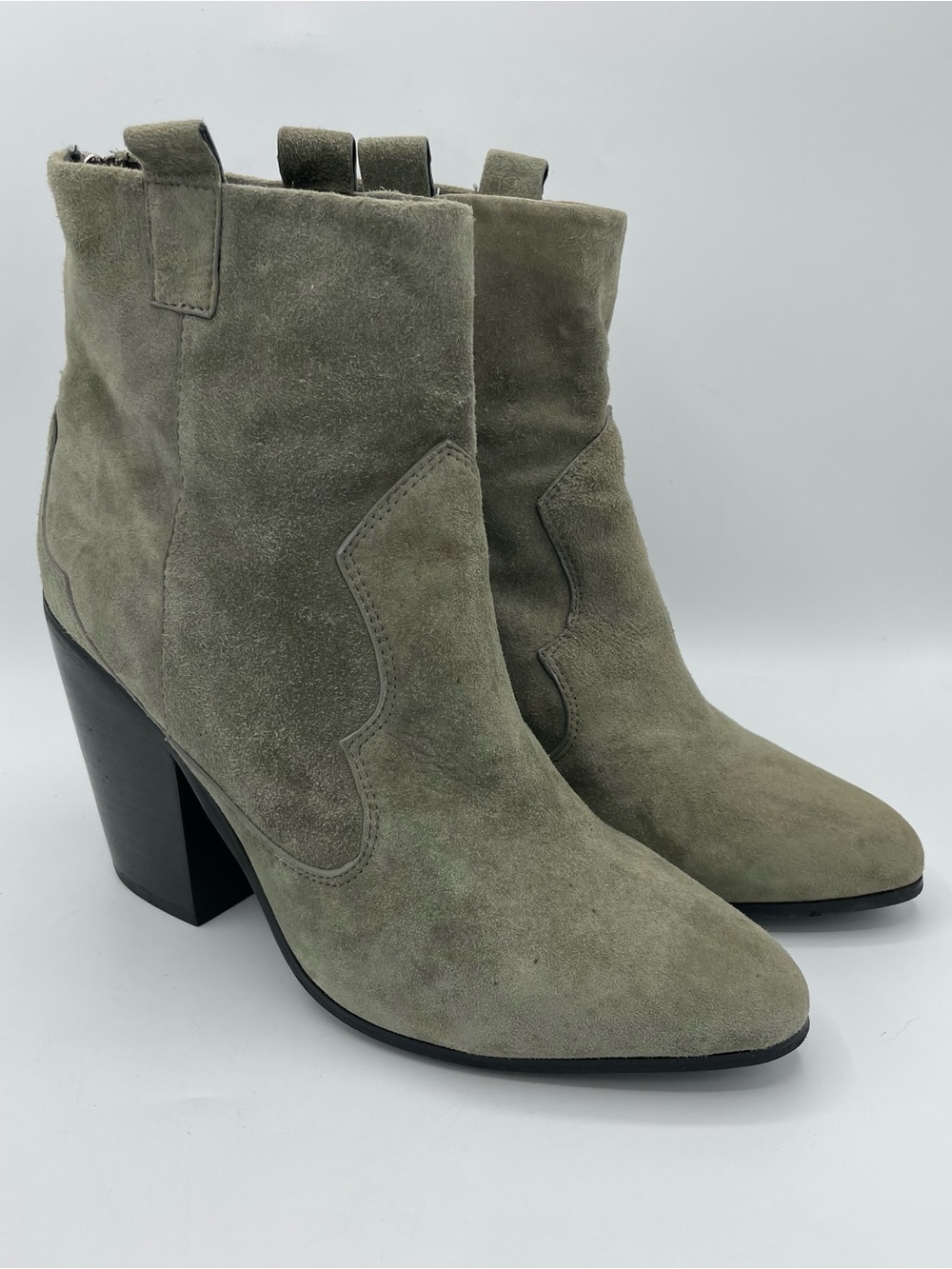 RAYE Olive Suede Ankle Booties with Block Heel - Picture 3 of 14
